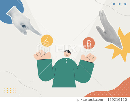 Trendy Halftone Collage of a character weighing options A and B guided by two halftone pointing hands, symbolizing strategic decision making, ideal for business and planning content. 139216130
