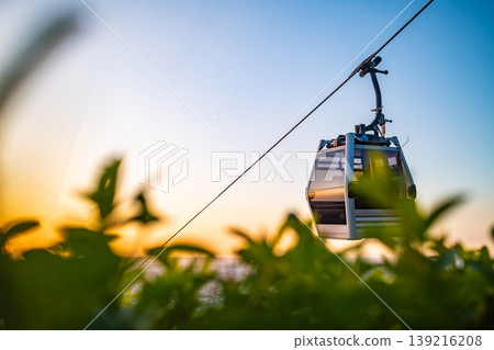 Cable car gondola at golden sunset hour with green foliage foreground Cable car gondola at golden sunset hour with green foliage foreground 139216208