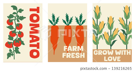 Set of three vertical banners for a farmer market or organic farm. Illustrations of growing vegetables including a tomato vine, carrots in soil, and corn Set of three vertical banners for a farmer market or organic farm. Illustrations of growing vegetables including a tomato vine, carrots in soil, and corn 139216265
