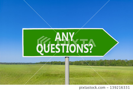Any questions symbol. Concept words Any questions on beautiful green road sign. Beautiful blue sky green grass field background. Business and Any questions Q and A concept, copy space. Any questions symbol. Concept words Any questions on beautiful green road sign. Beautiful blue sky green grass field background. Business and Any questions Q and A concept, copy space. 139216331