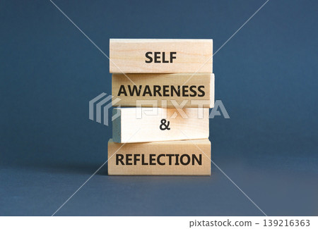 Self awareness and reflection symbol. Concept words Self awareness and reflection on beautiful wooden blocks. Beautiful grey background. Psychological self awareness reflection concept. Copy space. Self awareness and reflection symbol. Concept words Self awareness and reflection on beautiful wooden blocks. Beautiful grey background. Psychological self awareness reflection concept. Copy space. 139216363