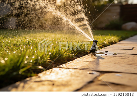 Automatic lawn sprinkler spraying water on green grass with dew drops in golden hour sunlight Automatic lawn sprinkler spraying water on green grass with dew drops in golden hour sunlight 139216818