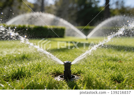 Automatic lawn sprinklers watering green grass on a sunny day with water droplets in motion 139216837