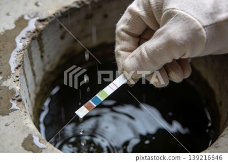 Testing water quality with a pH strip in a dark, murky liquid, showing scientific analysis Testing water quality with a pH strip in a dark, murky liquid, showing scientific analysis 139216846