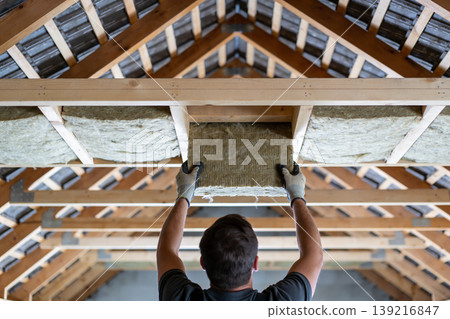 Construction worker installing thermal insulation material in a wooden attic roof structure 139216847