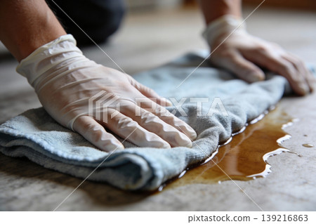 Hands wearing gloves cleaning up a spill with a cloth on the floor 139216863