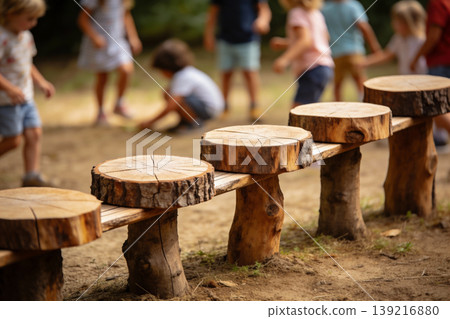 Children playing outdoors on a wooden log balance beam in a forest setting Children playing outdoors on a wooden log balance beam in a forest setting 139216880