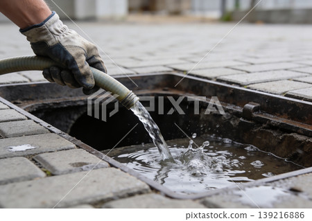 Worker in glove pours water from hose into open sewer drain on paved street Worker in glove pours water from hose into open sewer drain on paved street 139216886