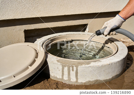 Worker's gloved hand directing water from a hose into an open concrete well Worker's gloved hand directing water from a hose into an open concrete well 139216890