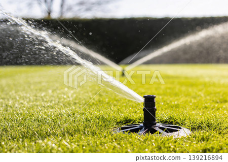 Automatic lawn sprinklers watering green grass on a sunny day with water droplets in motion Automatic lawn sprinklers watering green grass on a sunny day with water droplets in motion 139216894