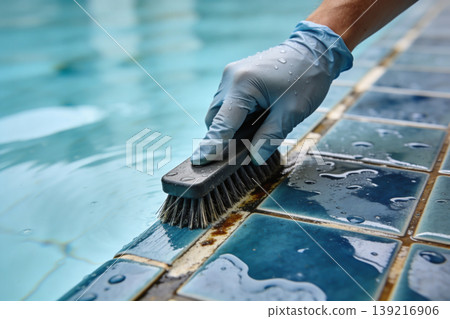 Gloved hand scrubbing algae and grime from blue tiled swimming pool edge Gloved hand scrubbing algae and grime from blue tiled swimming pool edge 139216906