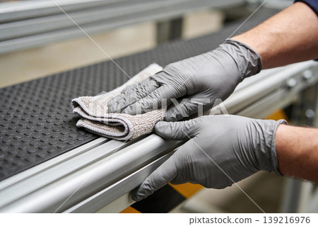 Hands in gray gloves cleaning a textured industrial conveyor belt with a cloth 139216976