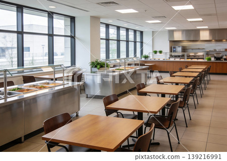 Modern cafeteria dining area with serving stations and tables ready for customers Modern cafeteria dining area with serving stations and tables ready for customers 139216991