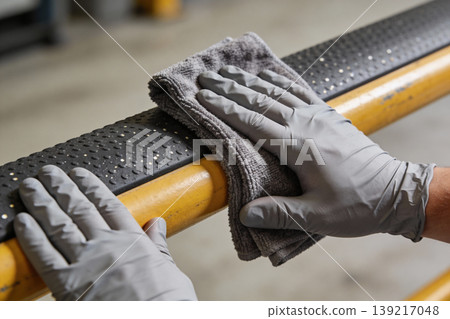 Close-up of gloved hands cleaning a yellow and black safety barrier with a microfiber cloth 139217048