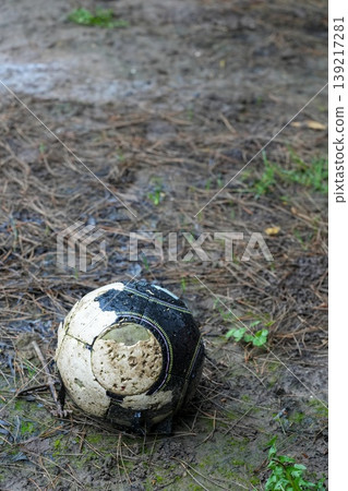 A worn-out and muddy soccer ball rests forgotten on the wet, earthy ground amidst pine needles A worn-out and muddy soccer ball rests forgotten on the wet, earthy ground amidst pine needles 139217281