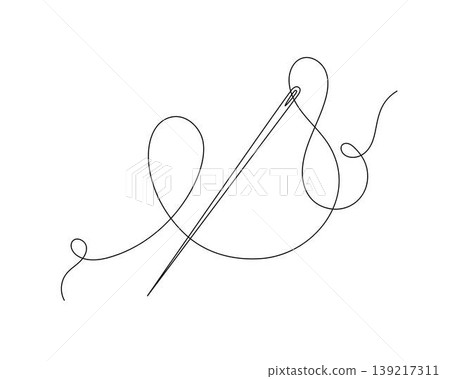 Sewing needle made of steel with thin cotton thread passed through its little eye, sharp tool for stitching, mending, or creative embroidery work, hand drawn craft supply clipart element Sewing needle made of steel with thin cotton thread passed through its little eye, sharp tool for stitching, mending, or creative embroidery work, hand drawn craft supply clipart element 139217311