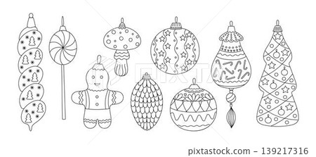 Festive baubles set Christmas tree decor in different forms doodle outline hand drawn simple vector illustration for winter holidays seasonal greeting card, invitation, sticker, line art clipart Festive baubles set Christmas tree decor in different forms doodle outline hand drawn simple vector illustration for winter holidays seasonal greeting card, invitation, sticker, line art clipart 139217316