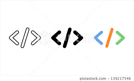 Embed code html icon set with angle brackets and slash symbols in outline solid black and colorful design styles isolated on white background 139217546
