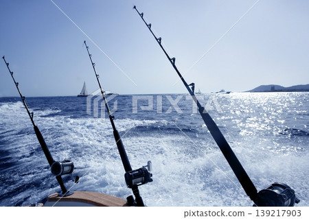 Boat trolling fishing on Mediterranean Boat trolling fishing on Mediterranean 139217903