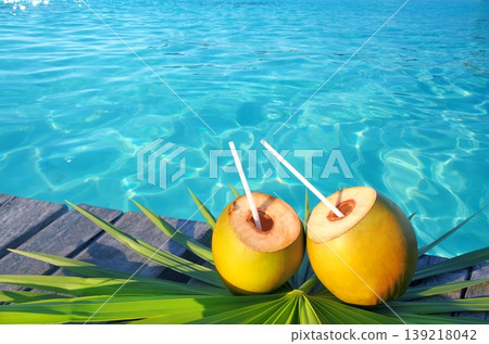 coconuts cocktail palm tree leaf in Caribbean coconuts cocktail palm tree leaf in Caribbean 139218042