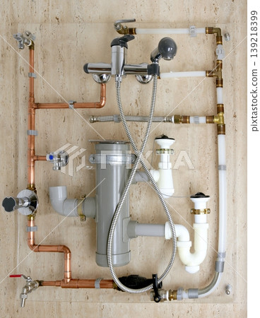 copper plumbing installation and polyethylene pvc 139218399