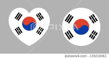 Flag of South Korea. South Korean heart, circle flag logo, icon, sticker set. South Korea round, heart flag badge, button. National flag emblem, background, banner. 139218461