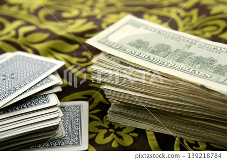 dollar notes and poker cards, gambler tools 139218784