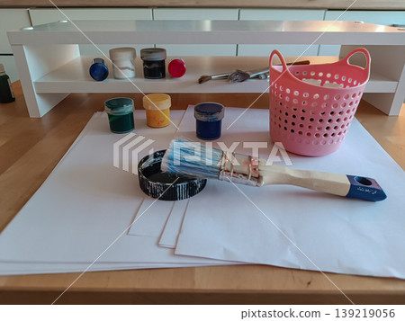 Artistic Painting Supplies and Paintbrushes on a Desk Artistic Painting Supplies and Paintbrushes on a Desk 139219056