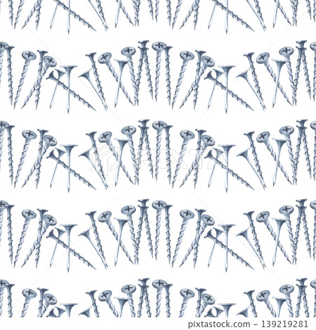 Industrial seamless pattern with rows of realistic silvery metal screws and bolts on an insulated background. The watercolor illustration repeats itself perfectly, making it ideal for decorating Industrial seamless pattern with rows of realistic silvery metal screws and bolts on an insulated background. The watercolor illustration repeats itself perfectly, making it ideal for decorating 139219281