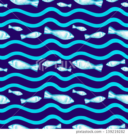 Seamless pattern with blue fish and waves on a dark background. Watercolor illustration. Seamless pattern with blue fish and waves on a dark background. Watercolor illustration. 139219282
