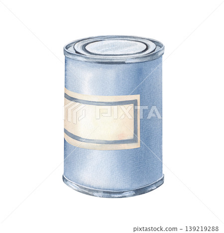 A realistic hand-painted watercolor illustration of a cylindrical metal tin can. Blue-grey metallic texture and a blank, off-white label on the front. Isolated on a white background. For creating 139219288