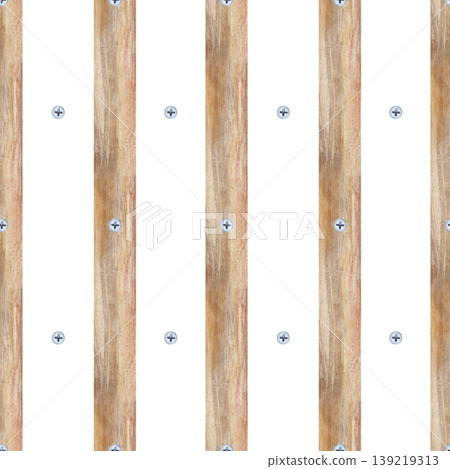 A minimalist and rustic seamless pattern hand-painted in watercolor, featuring vertical light brown wooden planks and realistic steel screws with a cross-head drive on an isolated background 139219313