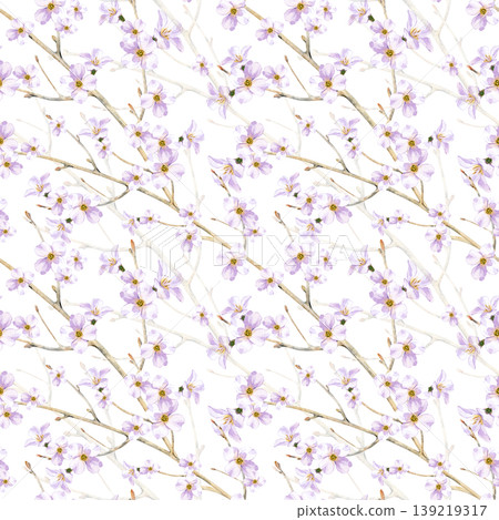 Seamless watercolor pattern with beautiful spring cherry blossoms. The hand-painted drawing is made in the form of light pink flowers on graceful tree branches. This is a romantic floral illustration Seamless watercolor pattern with beautiful spring cherry blossoms. The hand-painted drawing is made in the form of light pink flowers on graceful tree branches. This is a romantic floral illustration 139219317