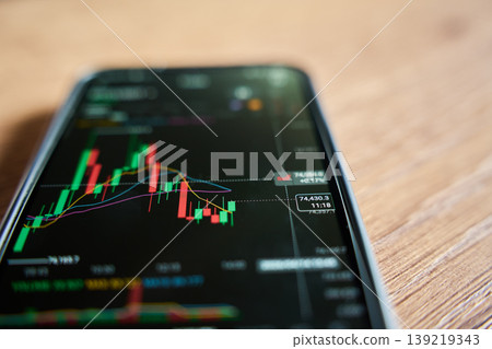 Mobile trading app with candlestick chart on phone screen Mobile trading app with candlestick chart on phone screen 139219343