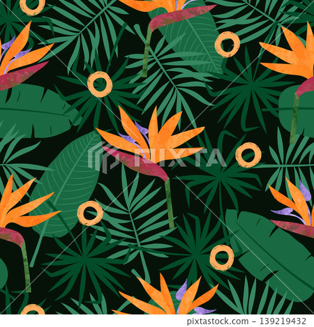 Seamless tropic pattern with strelitzia flowers and leaves. Vector tropical background Seamless tropic pattern with strelitzia flowers and leaves. Vector tropical background 139219432