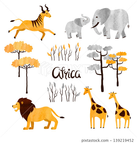 Cute cartoon African animals and trees. Vector Africa watercolor set Cute cartoon African animals and trees. Vector Africa watercolor set 139219452