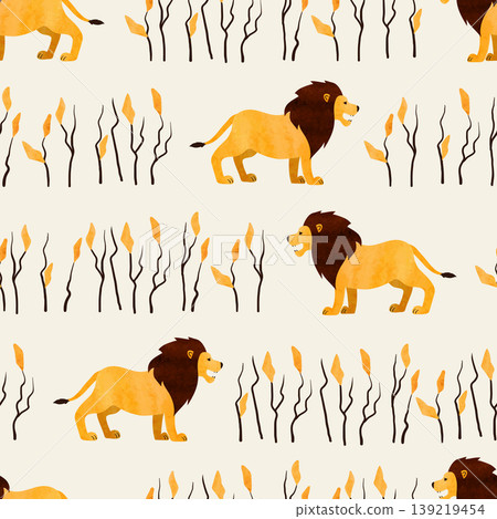 Seamless African pattern with cute lion. Vector watercolor illustration. Wallpaper design Seamless African pattern with cute lion. Vector watercolor illustration. Wallpaper design 139219454