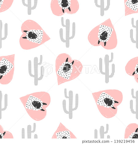 Seamless heart pattern with cute llama and cactus. Trendy vector print Seamless heart pattern with cute llama and cactus. Trendy vector print 139219456