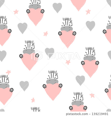 Seamless heart pattern with cute zebra. Baby print, wallpaper for kids 139219491