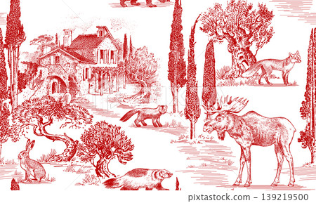 Toile de Jouy seamless pattern with forest animals and French villa. Rural feeling. Elk, moose and Toile de Jouy seamless pattern with forest animals and French villa. Rural feeling. Elk, moose and 139219500