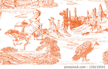 Toile de Jouy seamless pattern with Native American horseback with a bow on Wild West red rocks and Toile de Jouy seamless pattern with Native American horseback with a bow on Wild West red rocks and 139219501
