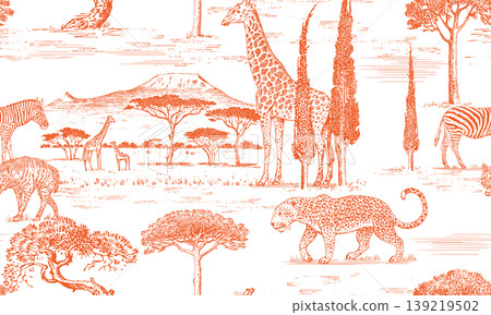 African Toile de Jouy seamless pattern with safari and Kilimanjaro. Savanna animals giraffe, leopard African Toile de Jouy seamless pattern with safari and Kilimanjaro. Savanna animals giraffe, leopard 139219502