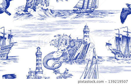 Nautical Toile de Jouy seamless pattern with mermaid and lighthouses on a rock and ocean with ships Nautical Toile de Jouy seamless pattern with mermaid and lighthouses on a rock and ocean with ships 139219507