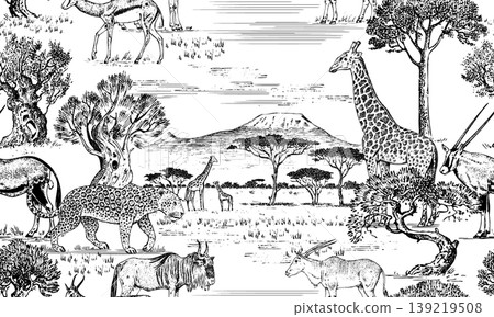 African Toile de Jouy seamless pattern with safari and Kilimanjaro. Savanna animals giraffe, leopard African Toile de Jouy seamless pattern with safari and Kilimanjaro. Savanna animals giraffe, leopard 139219508