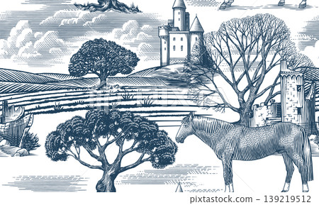 Toile de Jouy seamless pattern with a horse and Castles in ruins with old leafless oak tree. Rural 139219512