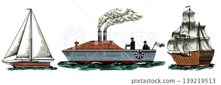 Sailboat in the sea, Seagoing vessel with steam smoke from the pipe. Marine ship, Pirate frigate or Sailboat in the sea, Seagoing vessel with steam smoke from the pipe. Marine ship, Pirate frigate or 139219513