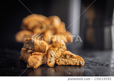 Grissini. Stacked Almond Biscotti Cookies Close-Up With Rustic Texture for Coffee, Dessert and Breakfast Treats Grissini. Stacked Almond Biscotti Cookies Close-Up With Rustic Texture for Coffee, Dessert and Breakfast Treats 139219593