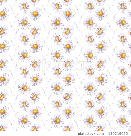 Seamless vertical pattern with watercolor daisy flowers and delicate white petals scattered across the surface. Botanical design with realistic textures on an isolated background. For textile design 139219653
