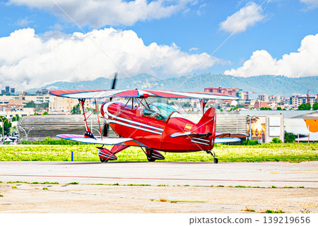 Airplane, red light aerobatic biplane. Air shows. 139219656