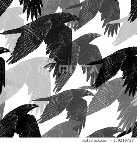 Seamless pattern with black crows or raven flying. Hand drawn engraving in old traditional style 139219727